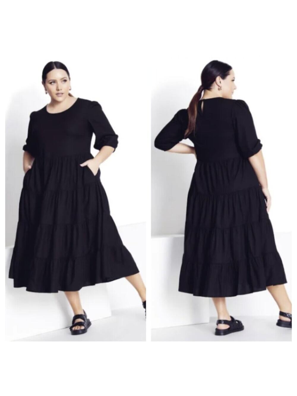 City Chic Women's Linen Blend Contempo Tier Dress Black Size 16